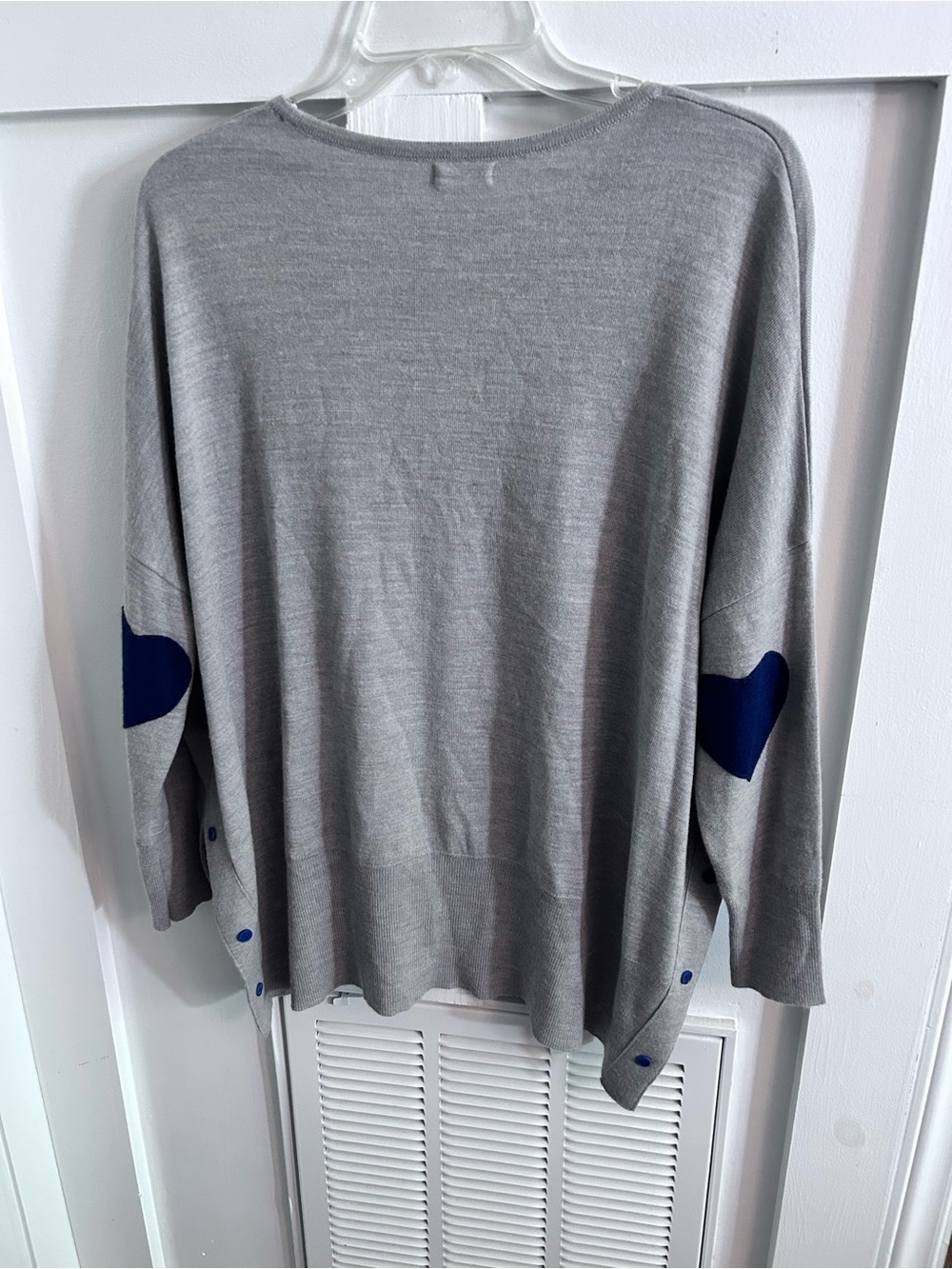 Mersea Amour Sweater in gray with navy heart elbow patches